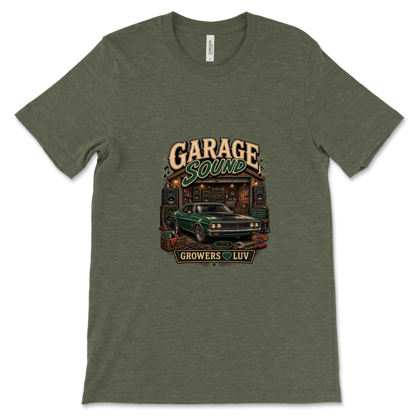 Garage Sound Women's Bella Canvas Graphic Tee in Heather Military Green