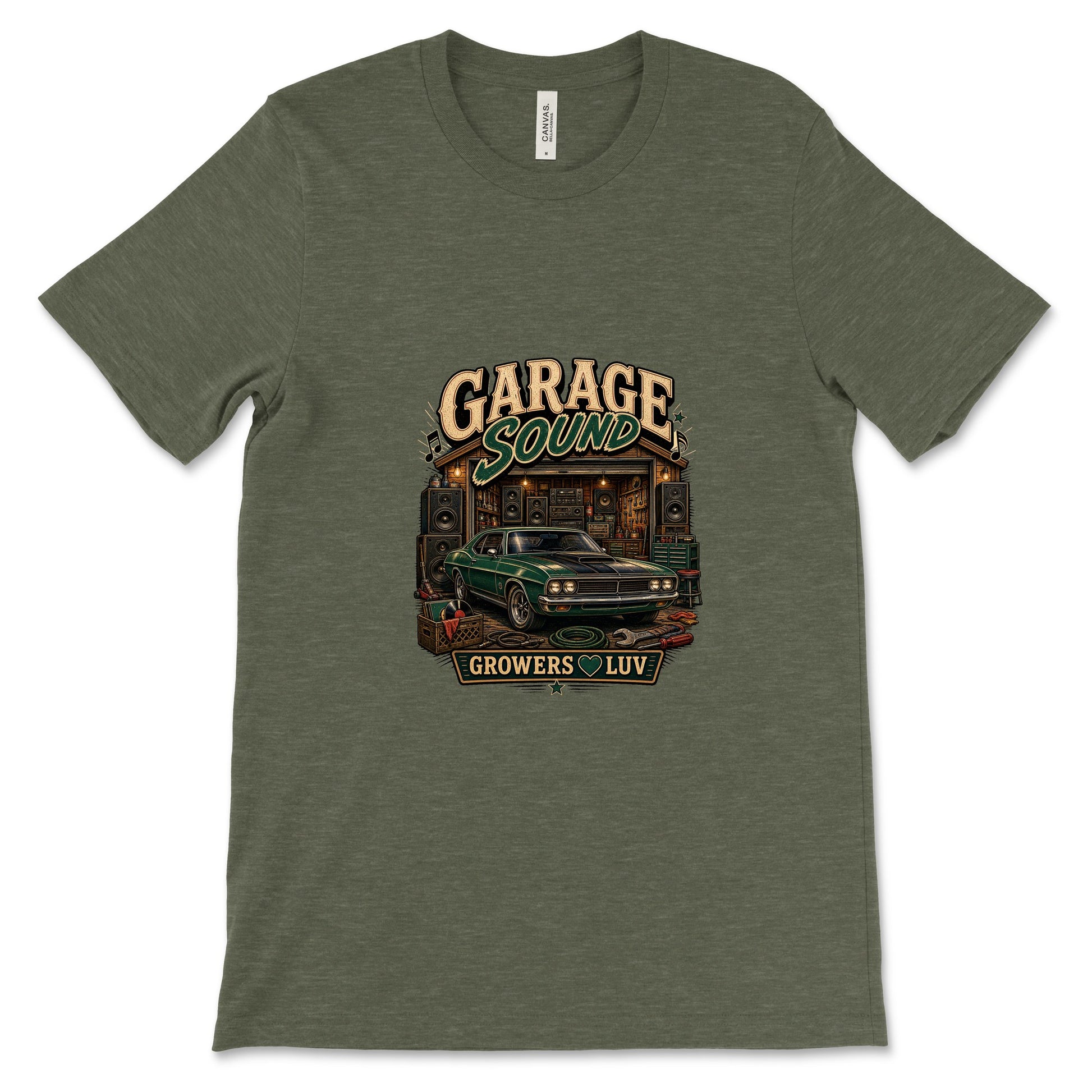 Garage Sound Women's Bella Canvas Graphic Tee in Heather Military Green