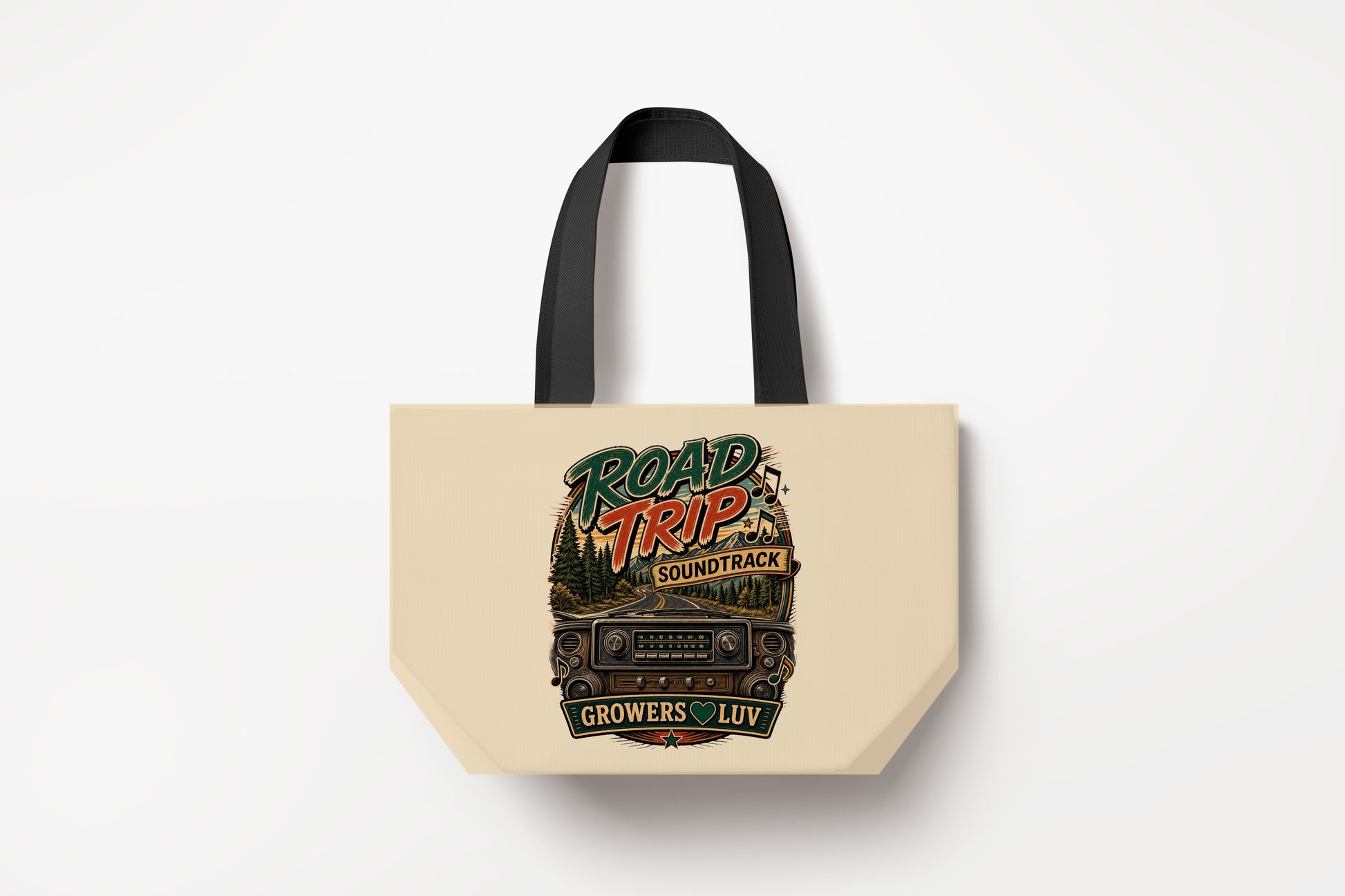 Road Trip Soundtrack Large Natural Tote Bag product mockup on natural tote bag