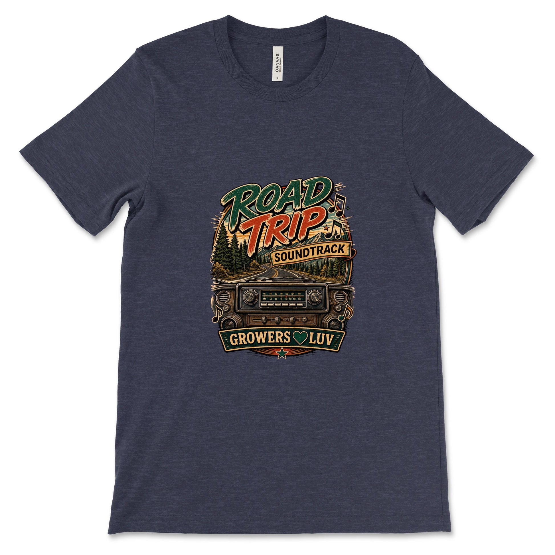 Road Trip Soundtrack Women's Bella Canvas Graphic Tee in Heather Midnight Navy