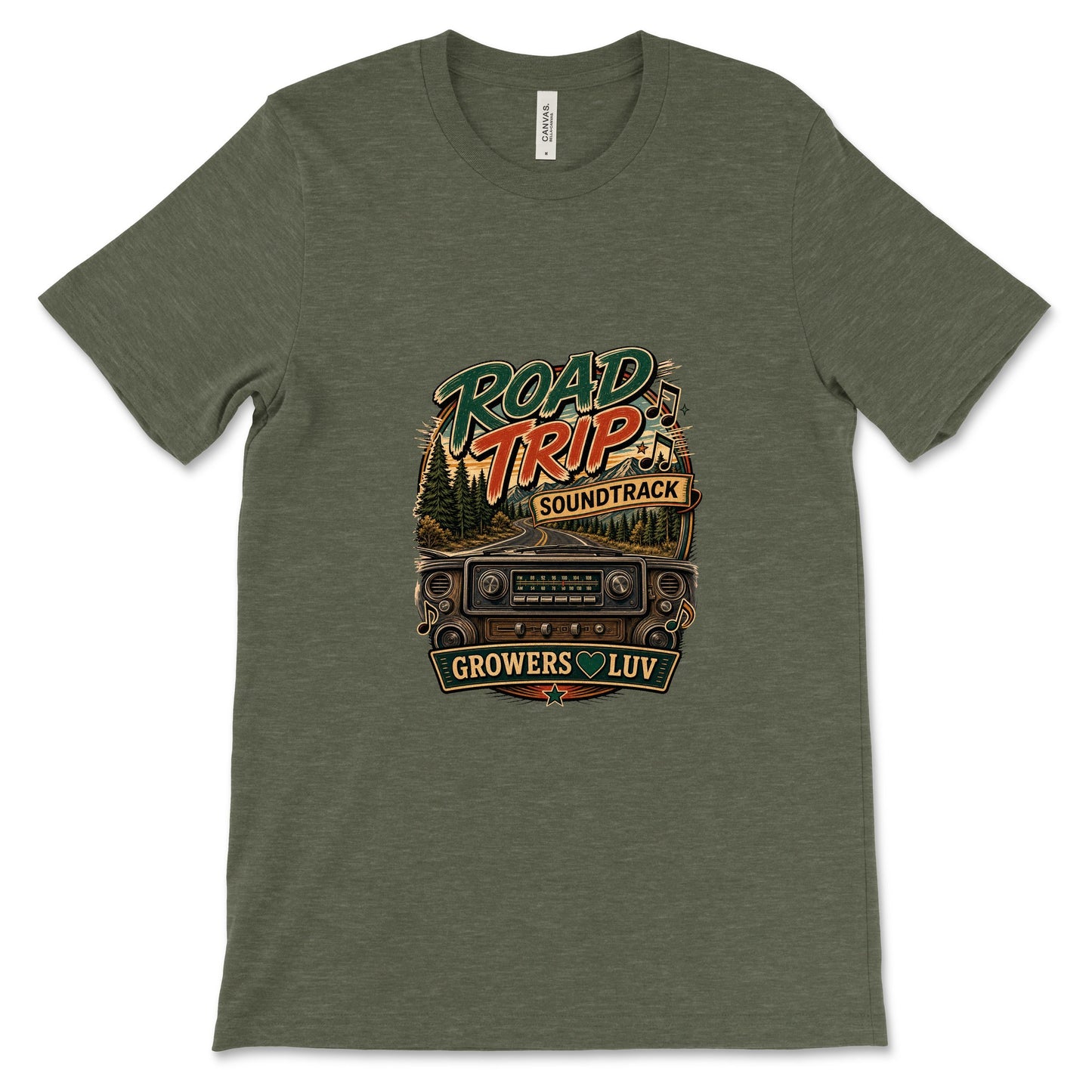 Road Trip Soundtrack Women's Bella Canvas Graphic Tee in Heather Military Green