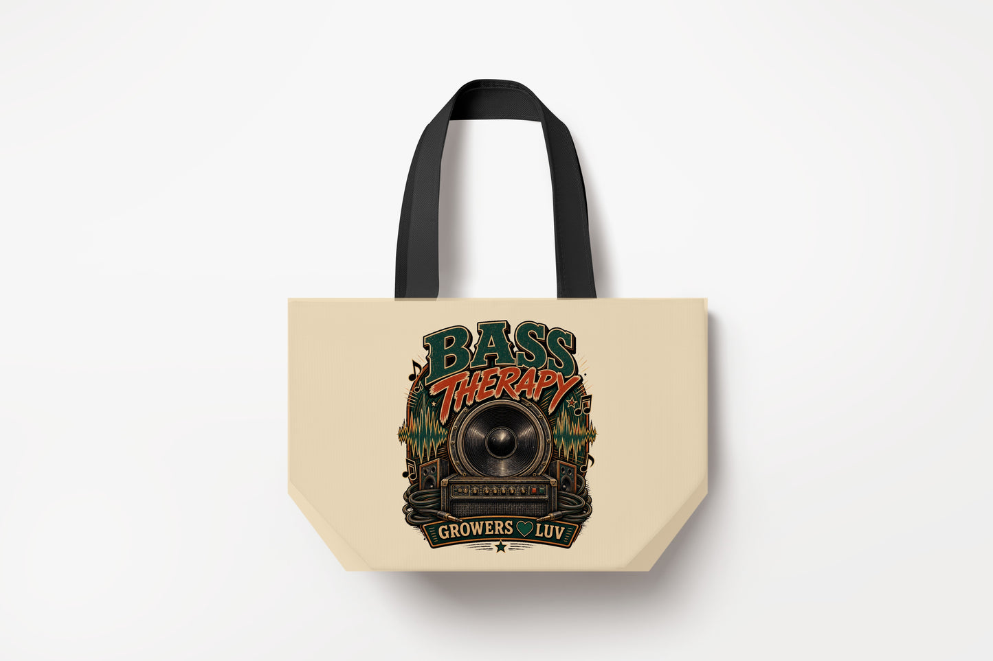 Bass Therapy Large Natural Tote Bag product mockup on natural tote bag