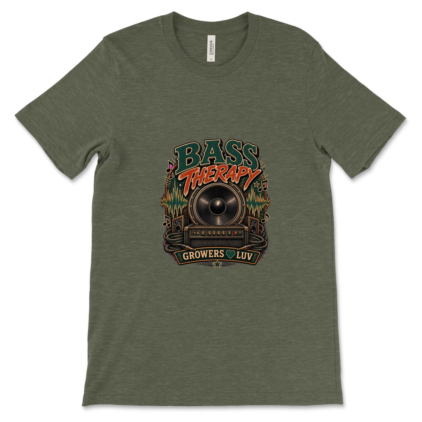 Bass Therapy Women's Bella Canvas Graphic Tee in Heather Military Green