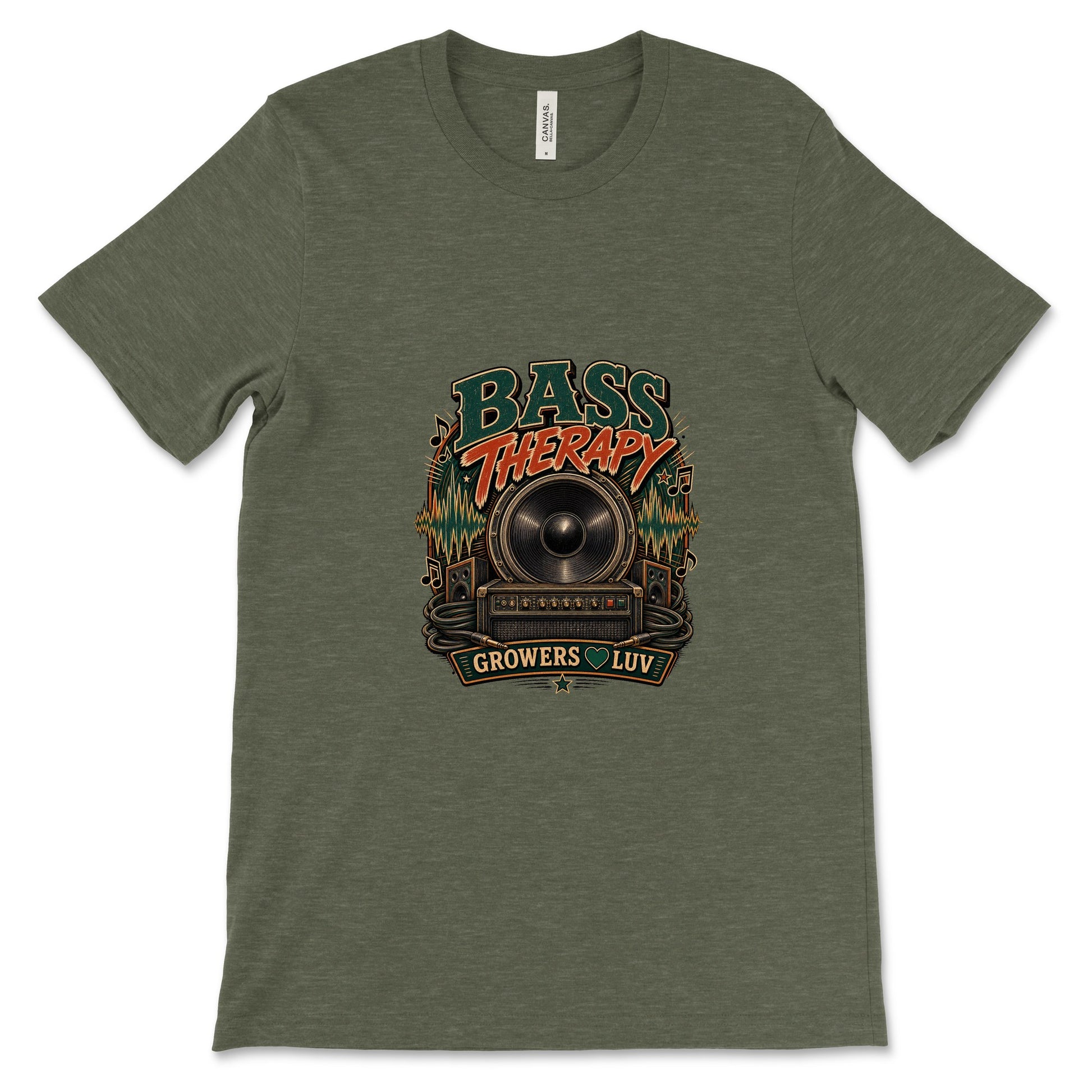 Bass Therapy Women's Bella Canvas Graphic Tee in Heather Military Green
