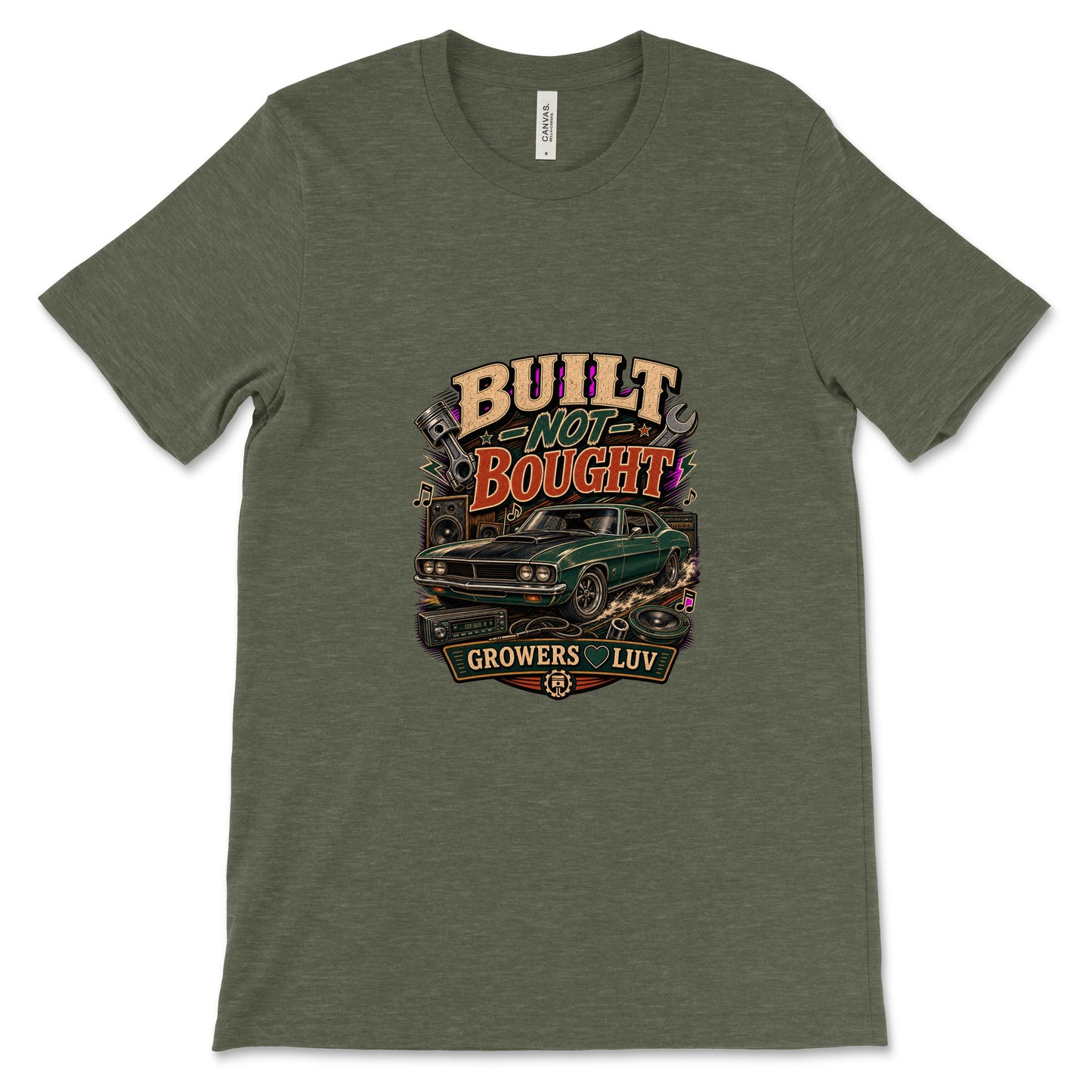 Built Not Bought Women's Bella Canvas Graphic Tee in Heather Military Green