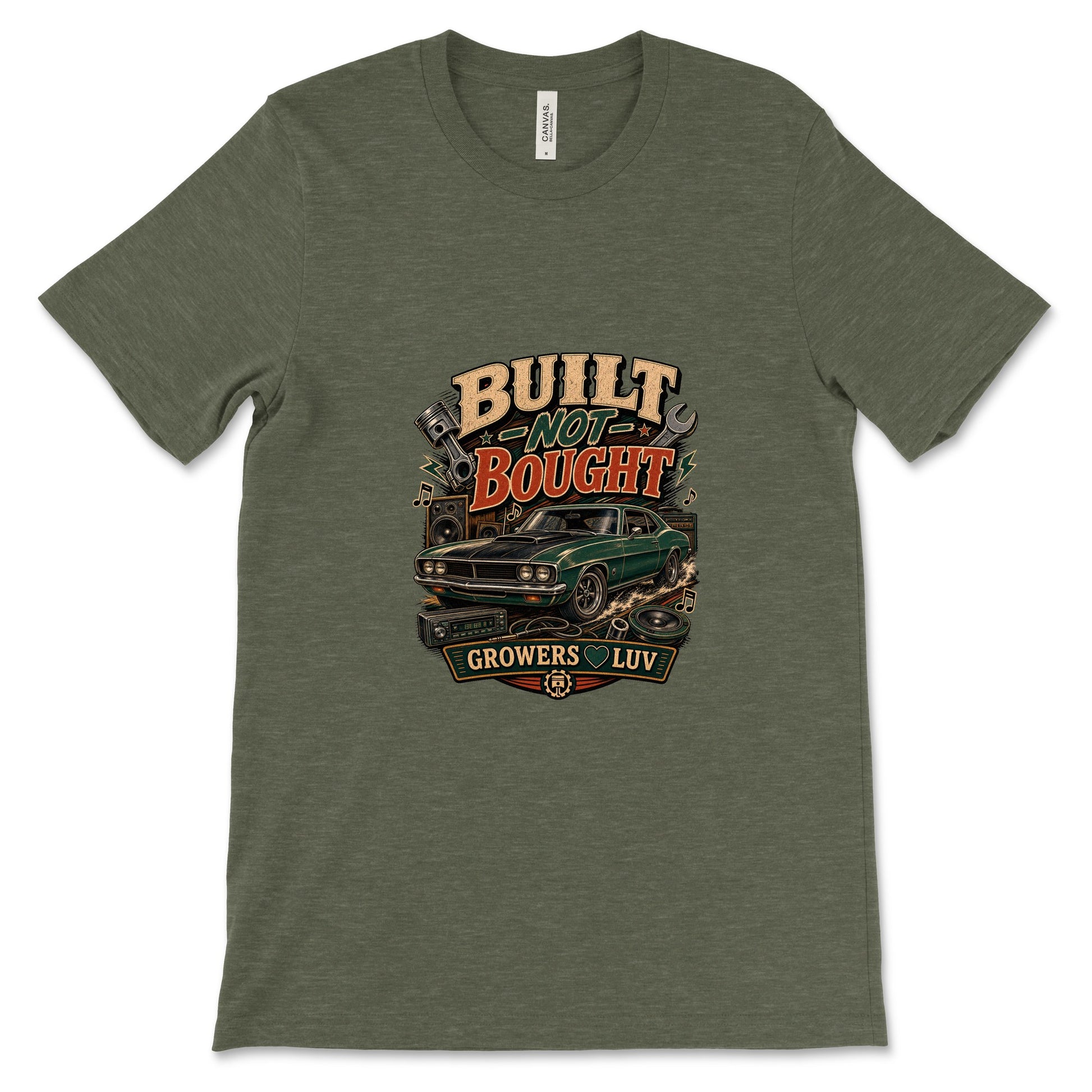 Built Not Bought Women's Bella Canvas Graphic Tee in Heather Military Green