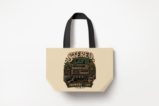 Stereo Life Large Natural Tote Bag product mockup on natural tote bag