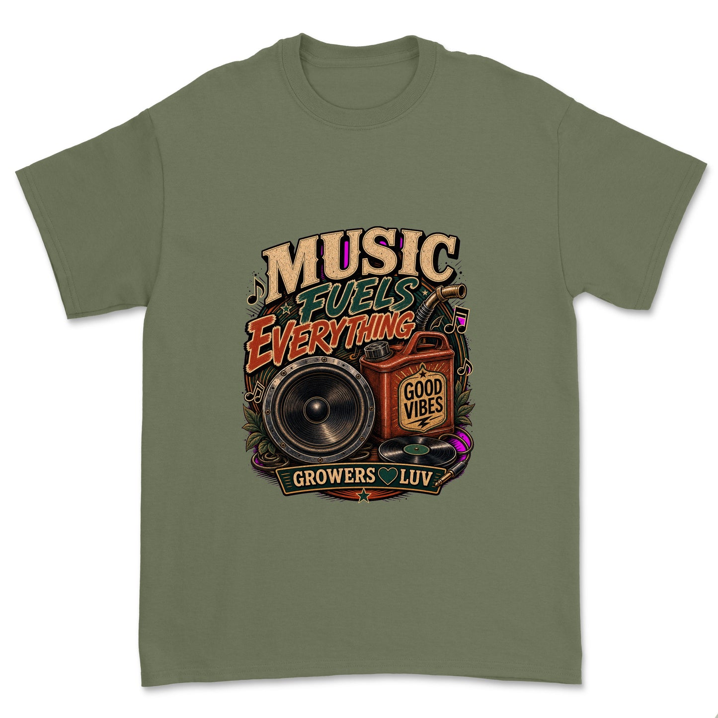 Music Fuels Everything Men's Gildan Graphic Tee in Military Green