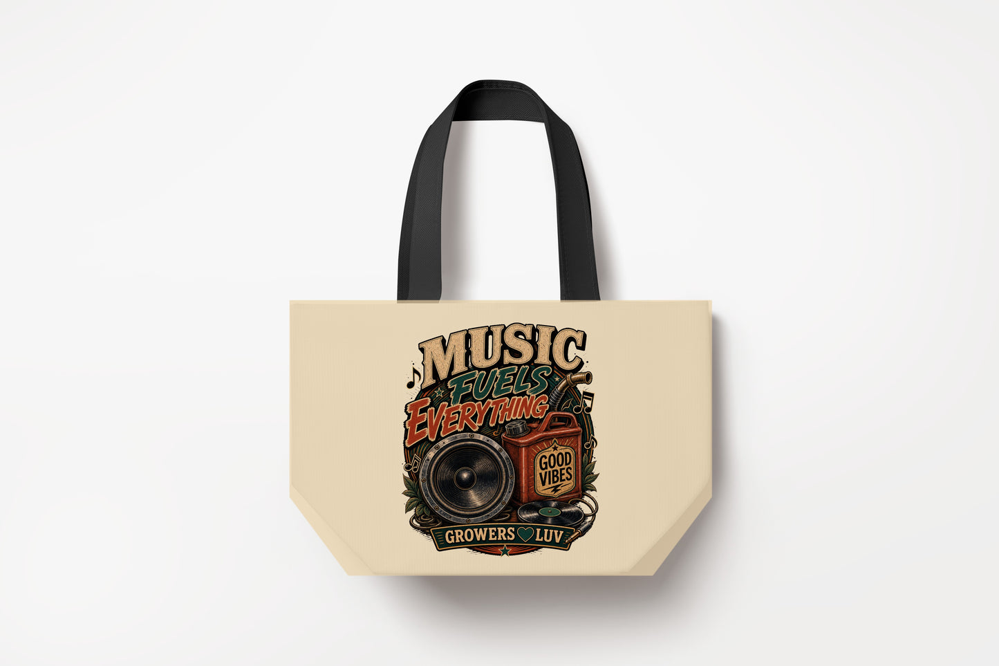 Music Fuels Everything Large Natural Tote Bag product mockup on natural tote bag