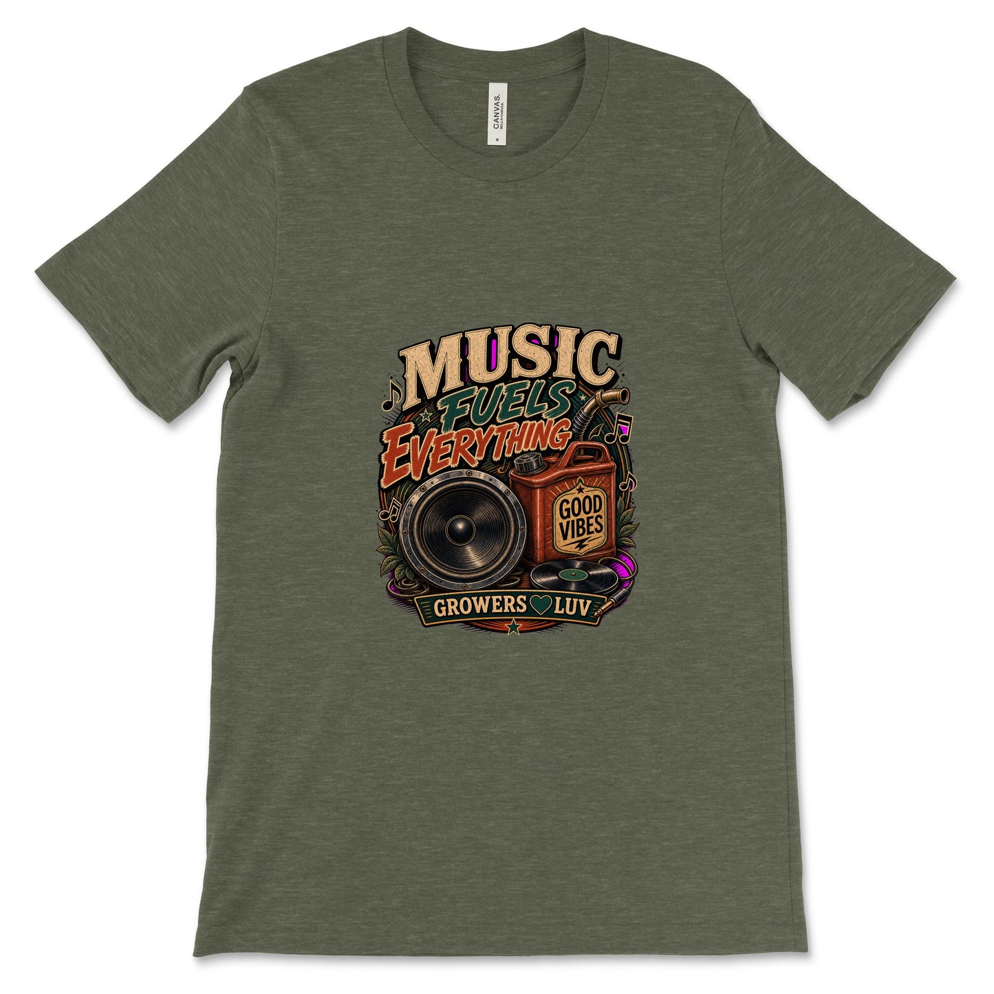 Music Fuels Everything Women's Bella Canvas Graphic Tee in Heather Military Green