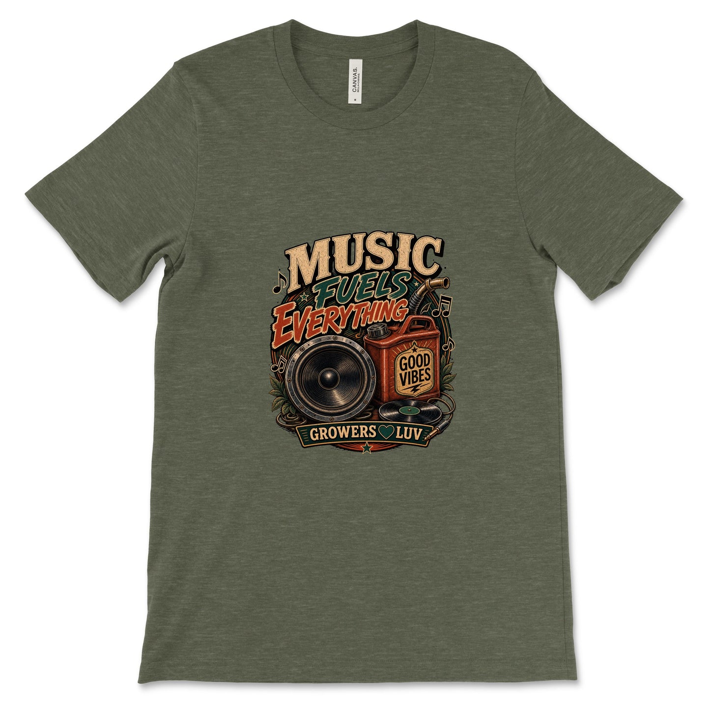 Music Fuels Everything Women's Bella Canvas Graphic Tee in Heather Military Green