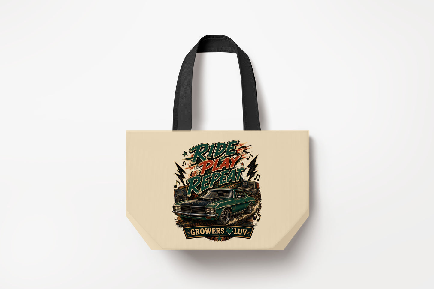 Ride Play Repeat Large Natural Tote Bag product mockup on natural tote bag