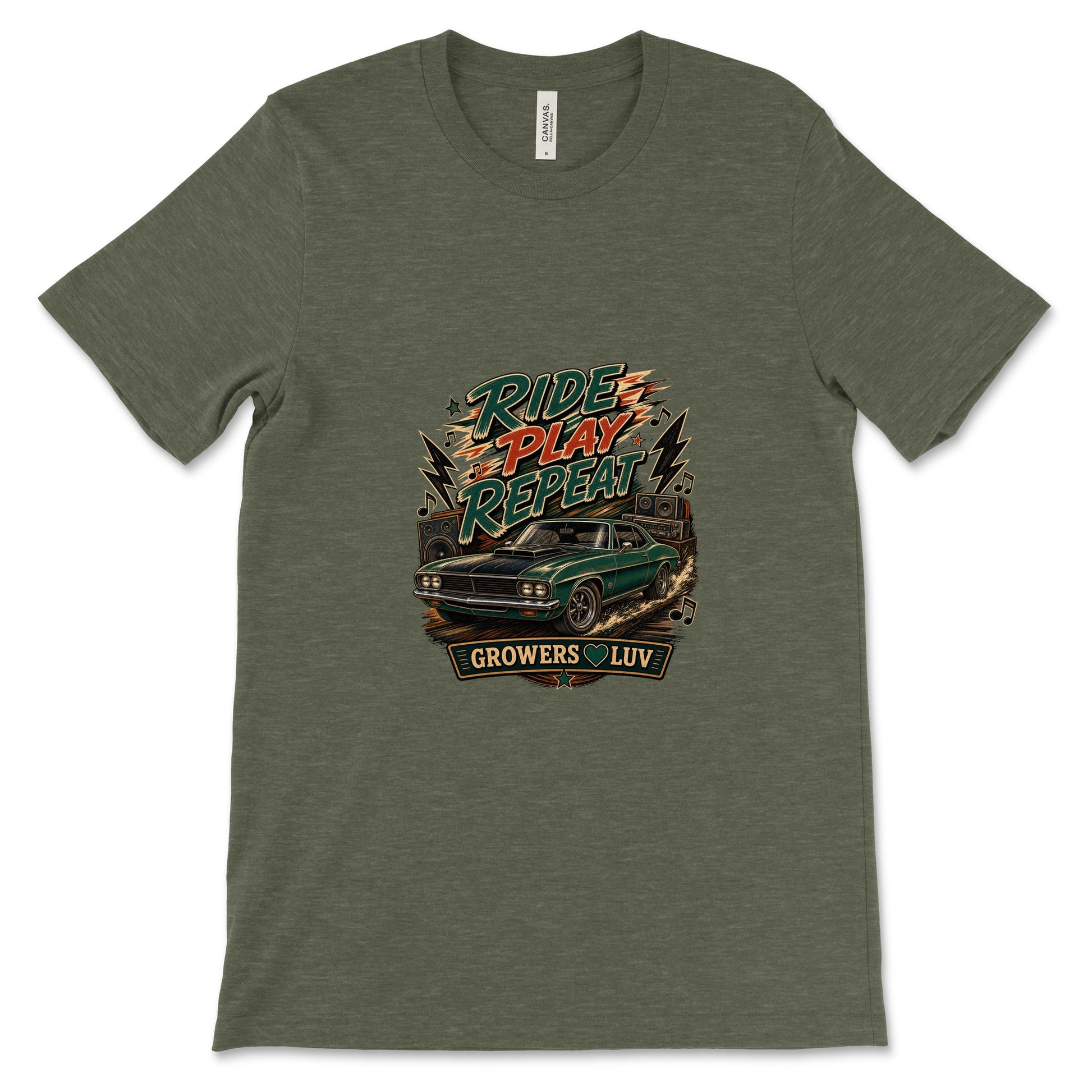 Ride Play Repeat Women's Bella Canvas Graphic Tee in Heather Military Green