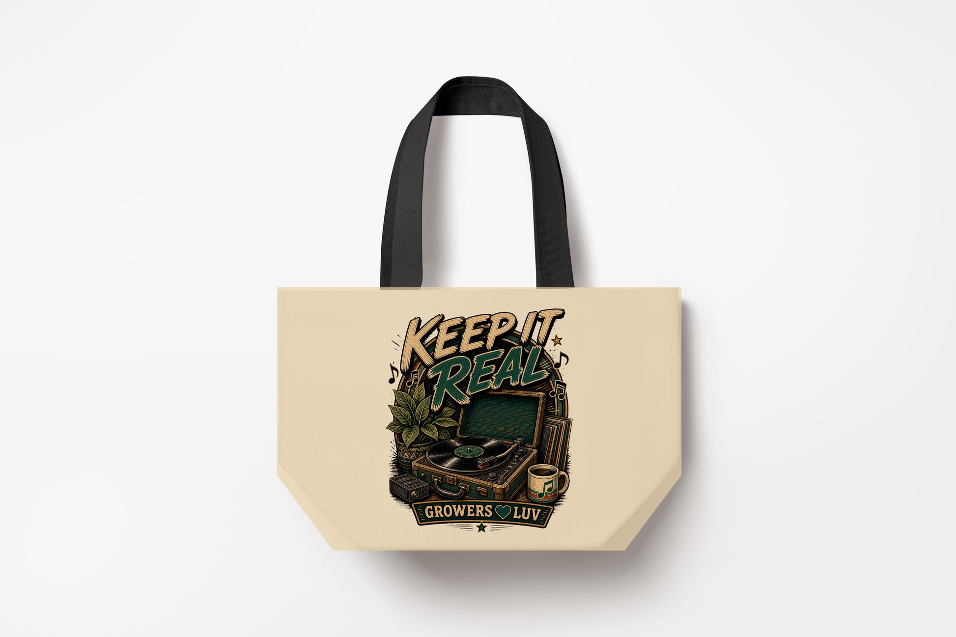 Keep It Real Large Natural Tote Bag product mockup on natural tote bag