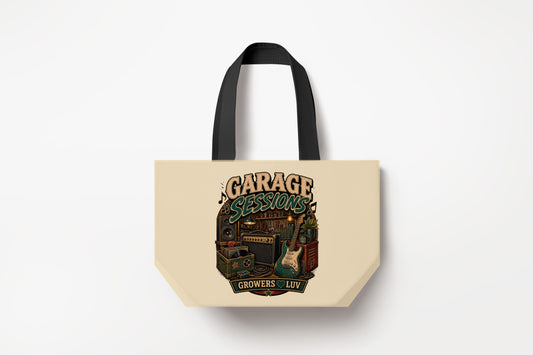 Garage Sessions Large Natural Tote Bag product mockup on natural tote bag