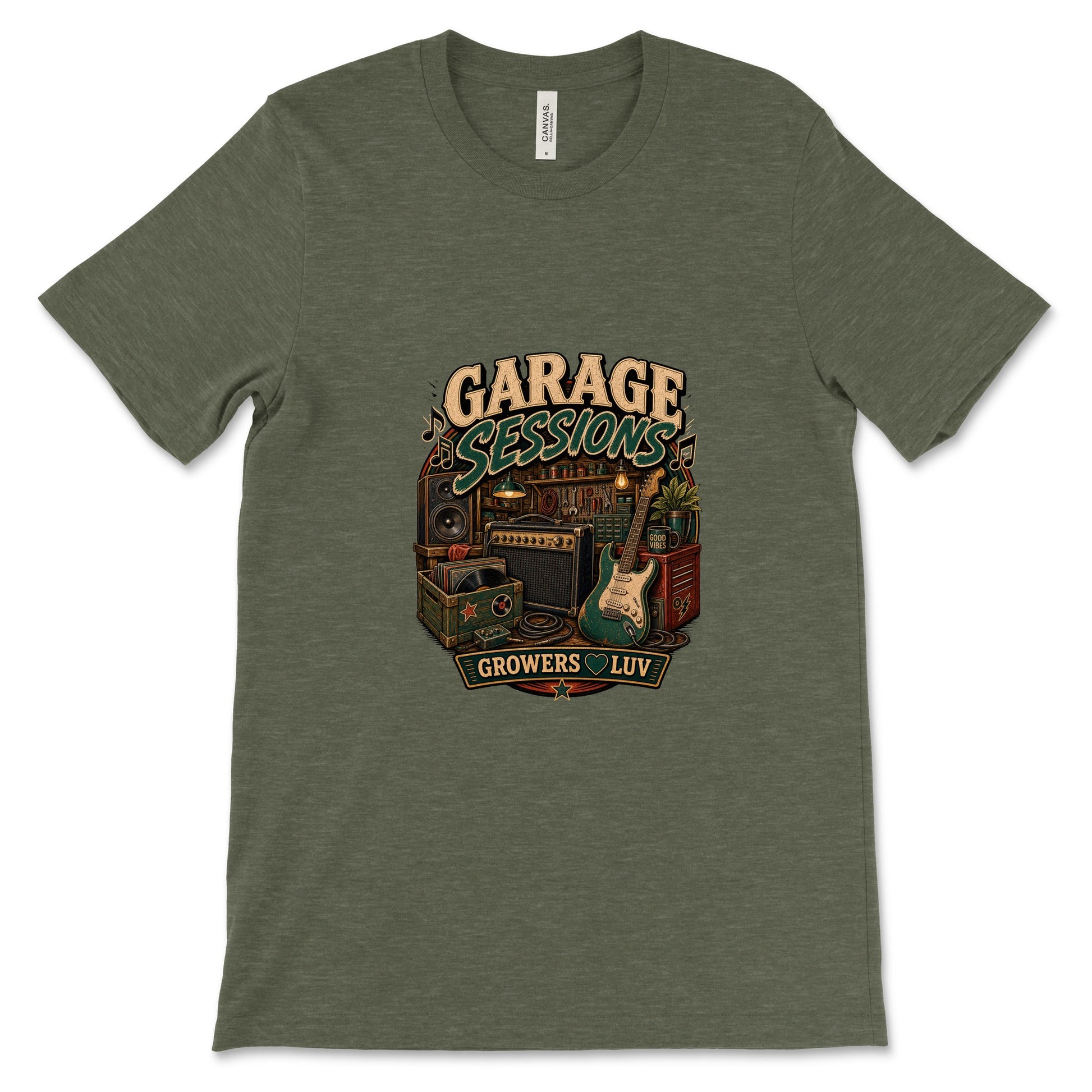 Garage Sessions Women's Bella Canvas Graphic Tee in Heather Military Green