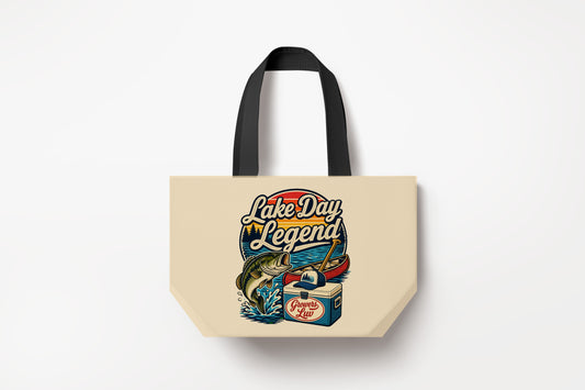 Lake Day Legend Large Natural Tote Bag product mockup on natural tote bag
