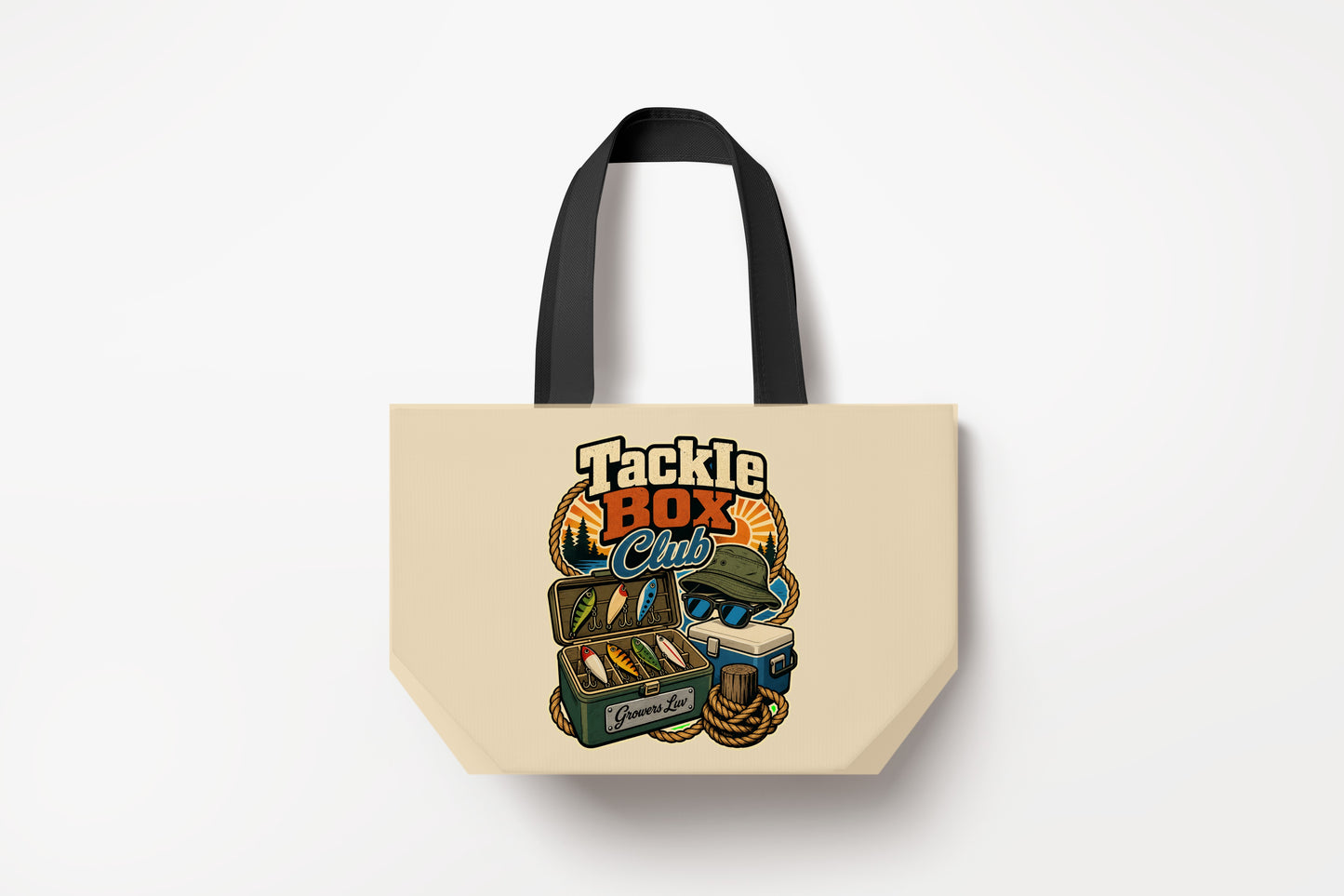 Tackle Box Club Large Natural Tote Bag product mockup on natural tote bag