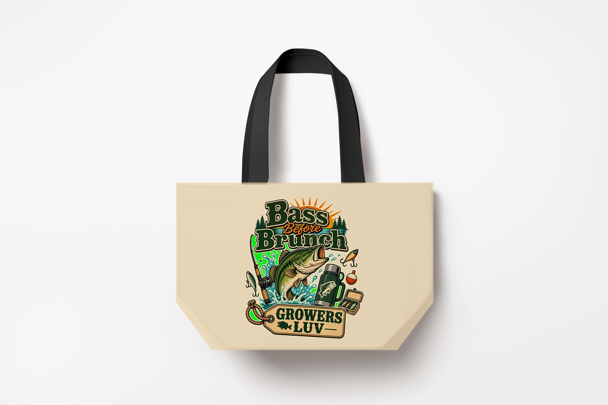 Bass Before Brunch Large Natural Tote Bag product mockup on natural tote bag