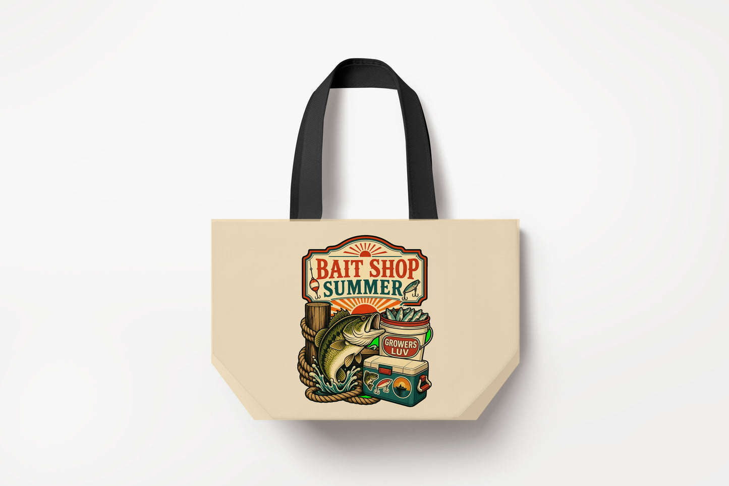 Bait Shop Summer Large Natural Tote Bag product mockup on natural tote bag