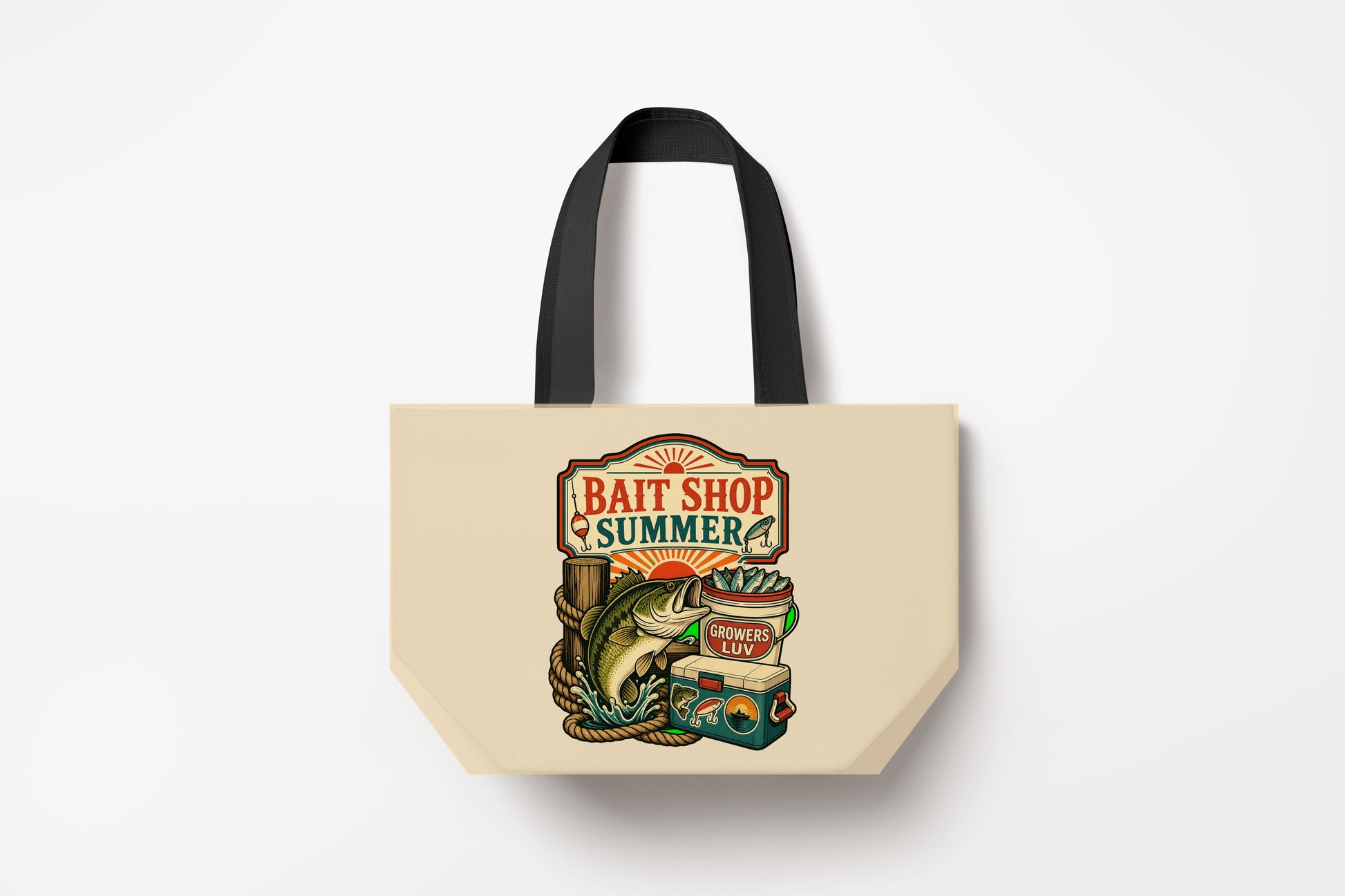 Bait Shop Summer Large Natural Tote Bag product mockup on natural tote bag