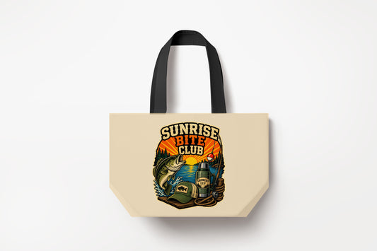 Sunrise Bite Club Large Natural Tote Bag product mockup on natural tote bag