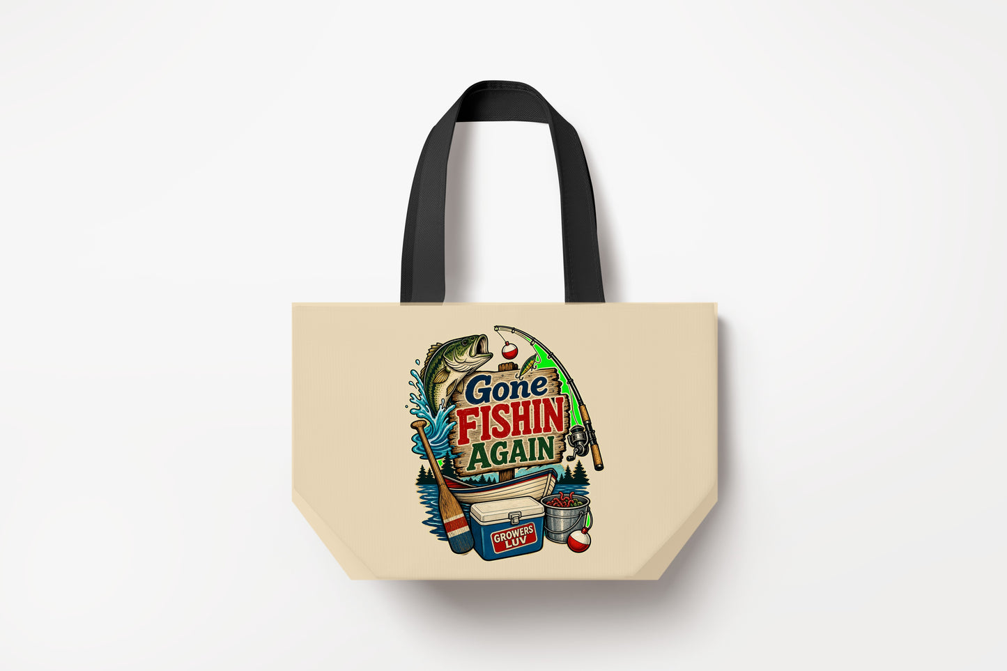 Gone Fishin Again Large Natural Tote Bag product mockup on natural tote bag