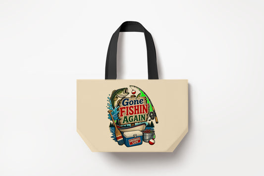 Gone Fishin Again Large Natural Tote Bag product mockup on natural tote bag