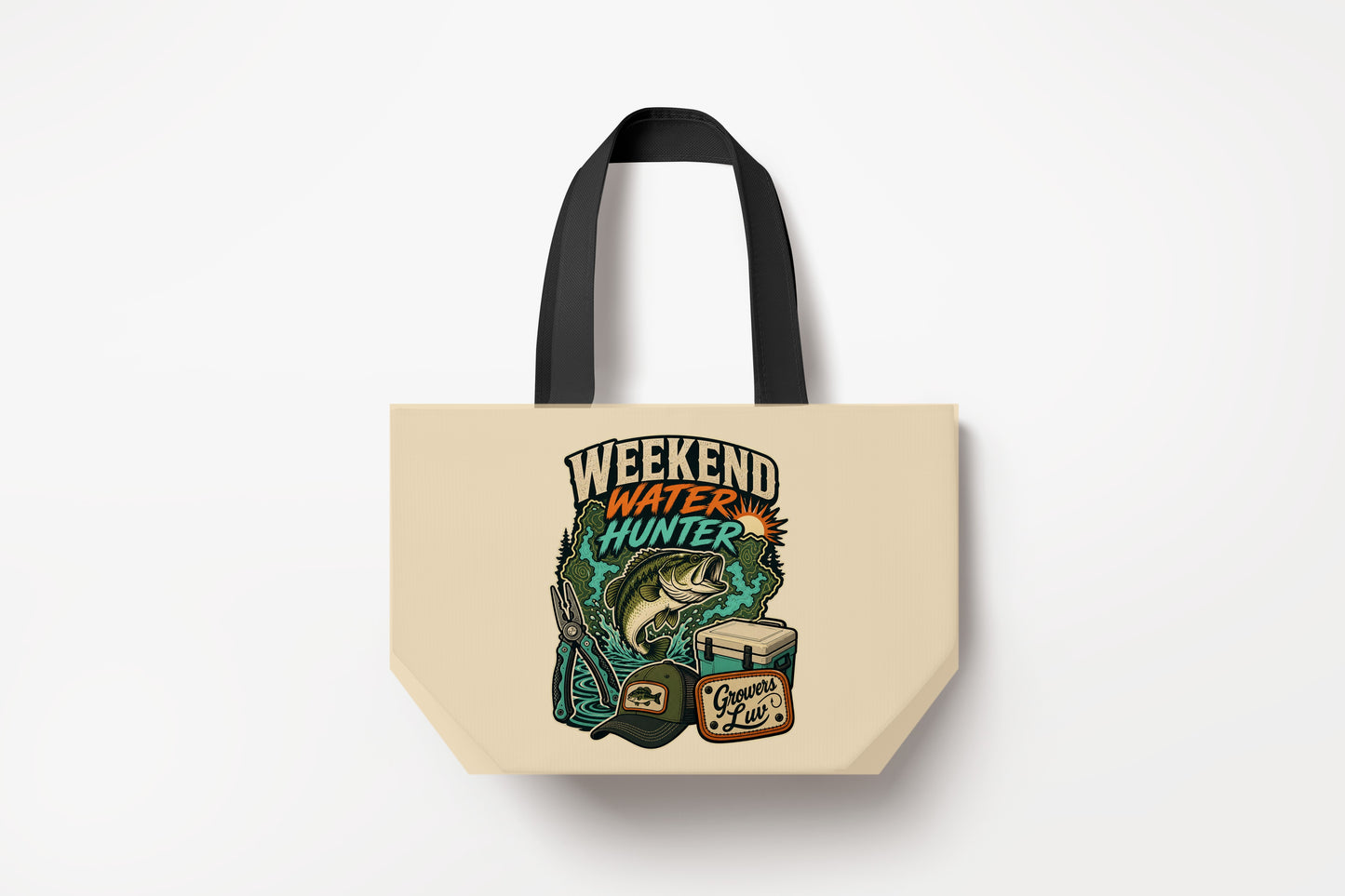 Weekend Water Hunter Large Natural Tote Bag product mockup on natural tote bag