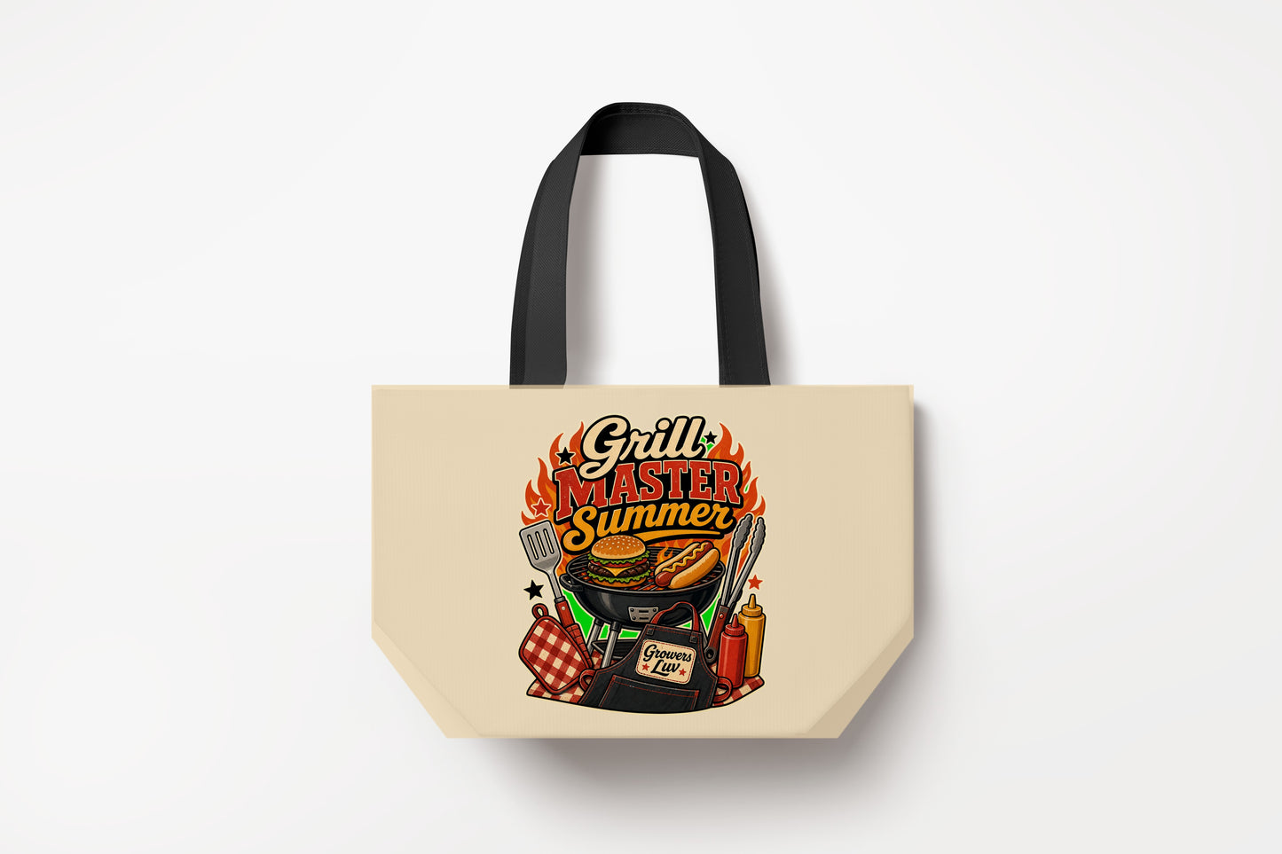 Grill Master Summer Large Natural Tote Bag product mockup on natural tote bag
