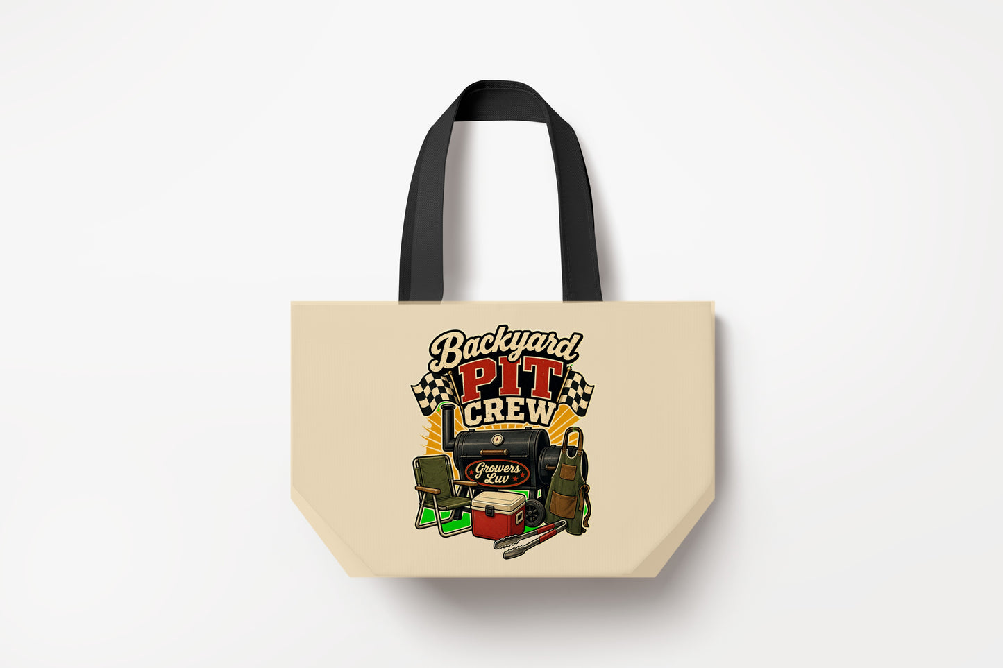 Backyard Pit Crew Large Natural Tote Bag product mockup on natural tote bag