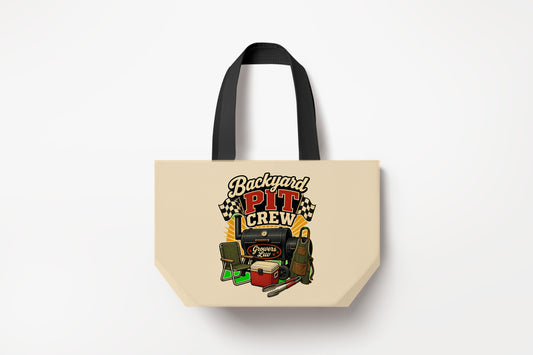 Backyard Pit Crew Large Natural Tote Bag product mockup on natural tote bag