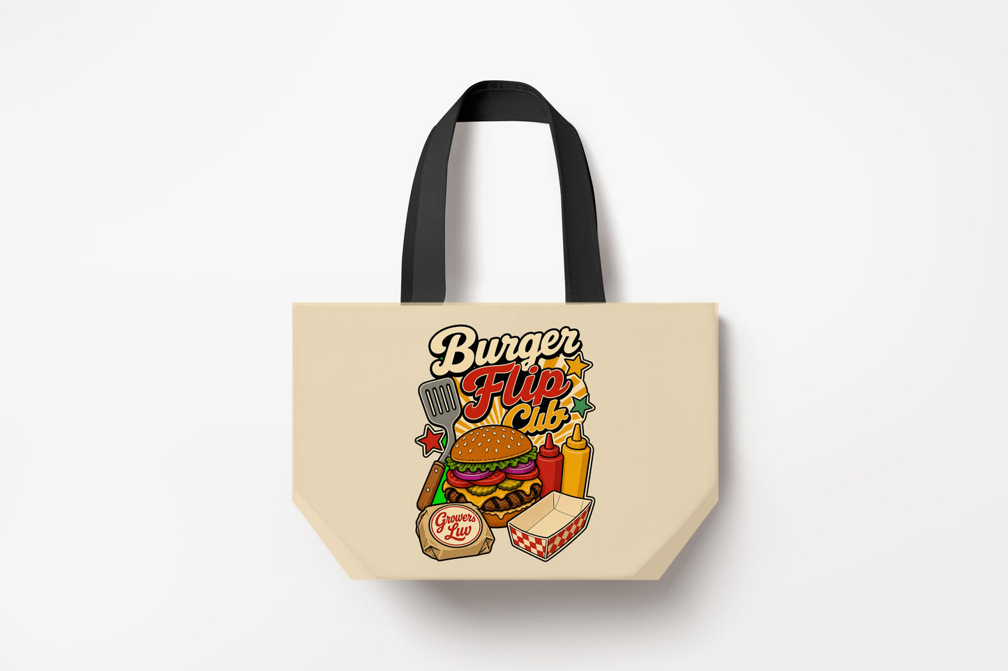 Burger Flip Club Large Natural Tote Bag product mockup on natural tote bag