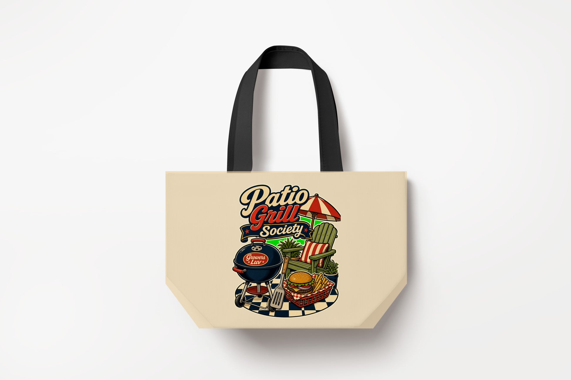 Patio Grill Society Large Natural Tote Bag product mockup on natural tote bag