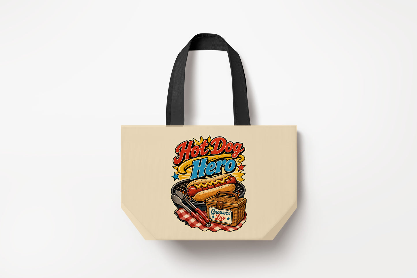 Hot Dog Hero Large Natural Tote Bag product mockup on natural tote bag