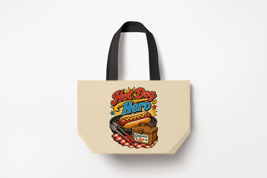 Hot Dog Hero Large Natural Tote Bag product mockup on natural tote bag