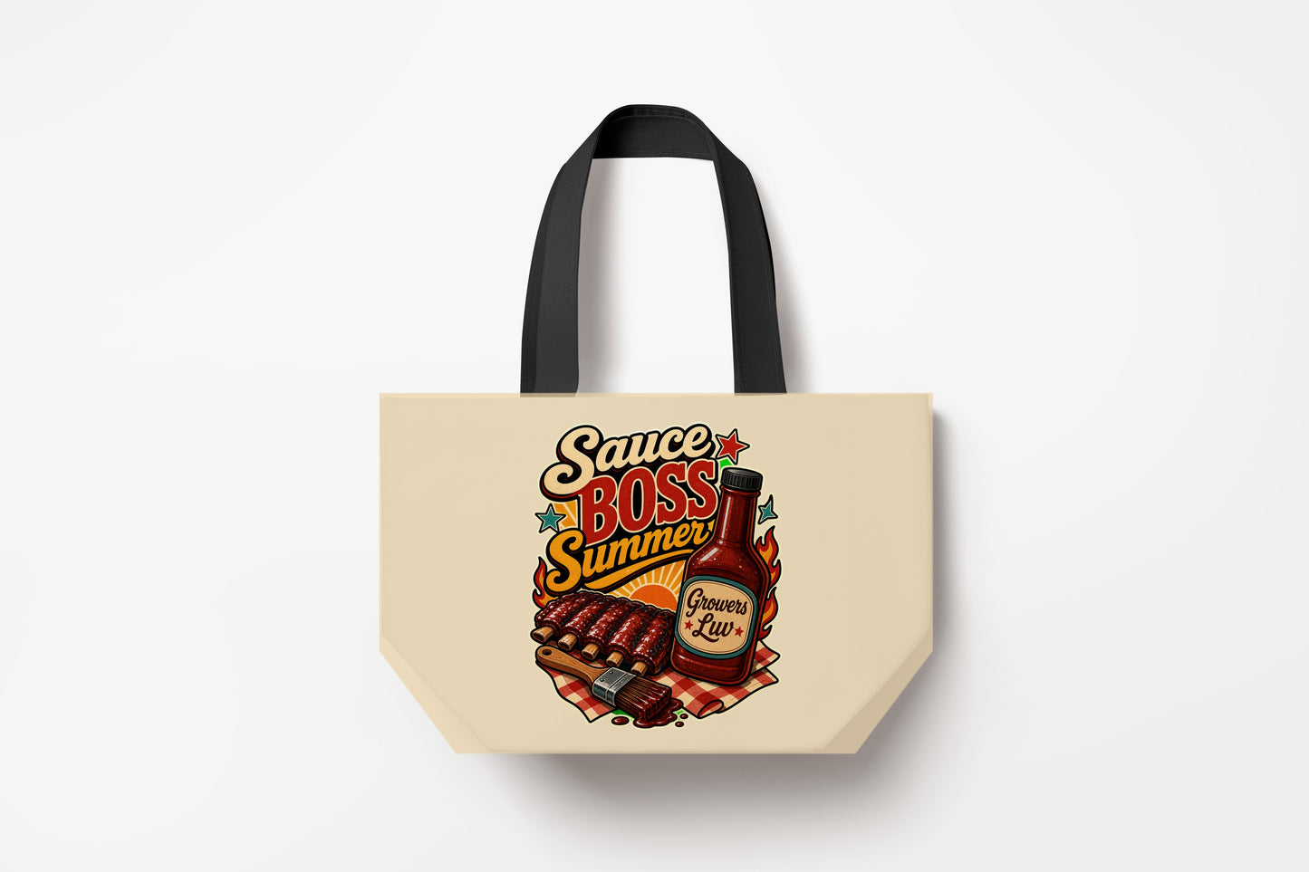 Sauce Boss Summer Large Natural Tote Bag product mockup on natural tote bag
