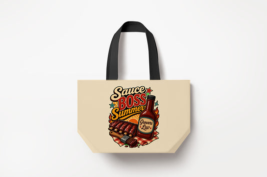Sauce Boss Summer Large Natural Tote Bag product mockup on natural tote bag