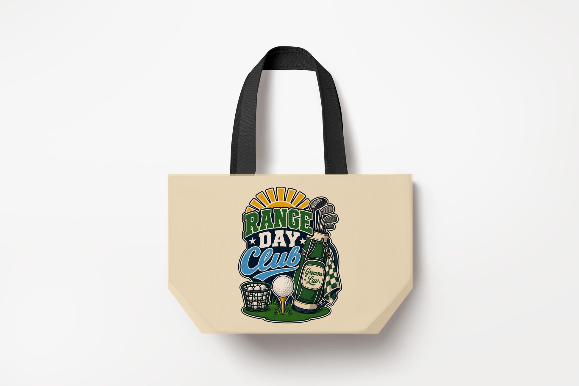 Range Day Club Large Natural Tote Bag product mockup on natural tote bag