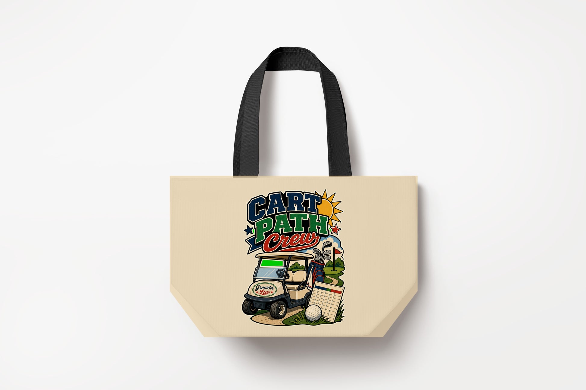 Cart Path Crew Large Natural Tote Bag product mockup on natural tote bag