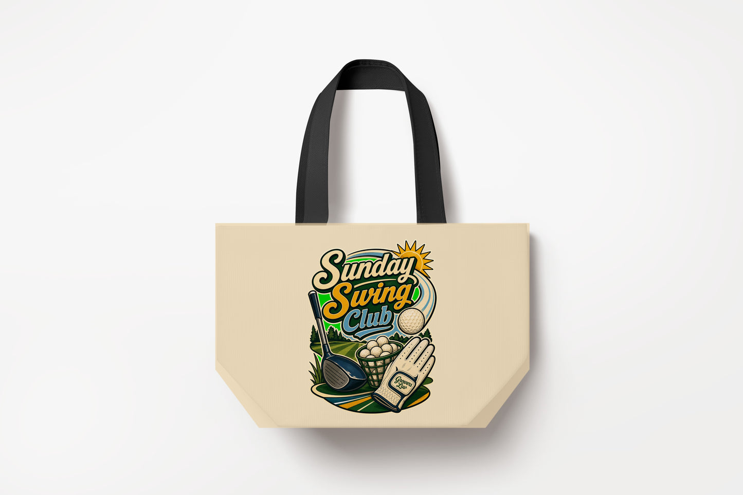 Sunday Swing Club Large Natural Tote Bag product mockup on natural tote bag
