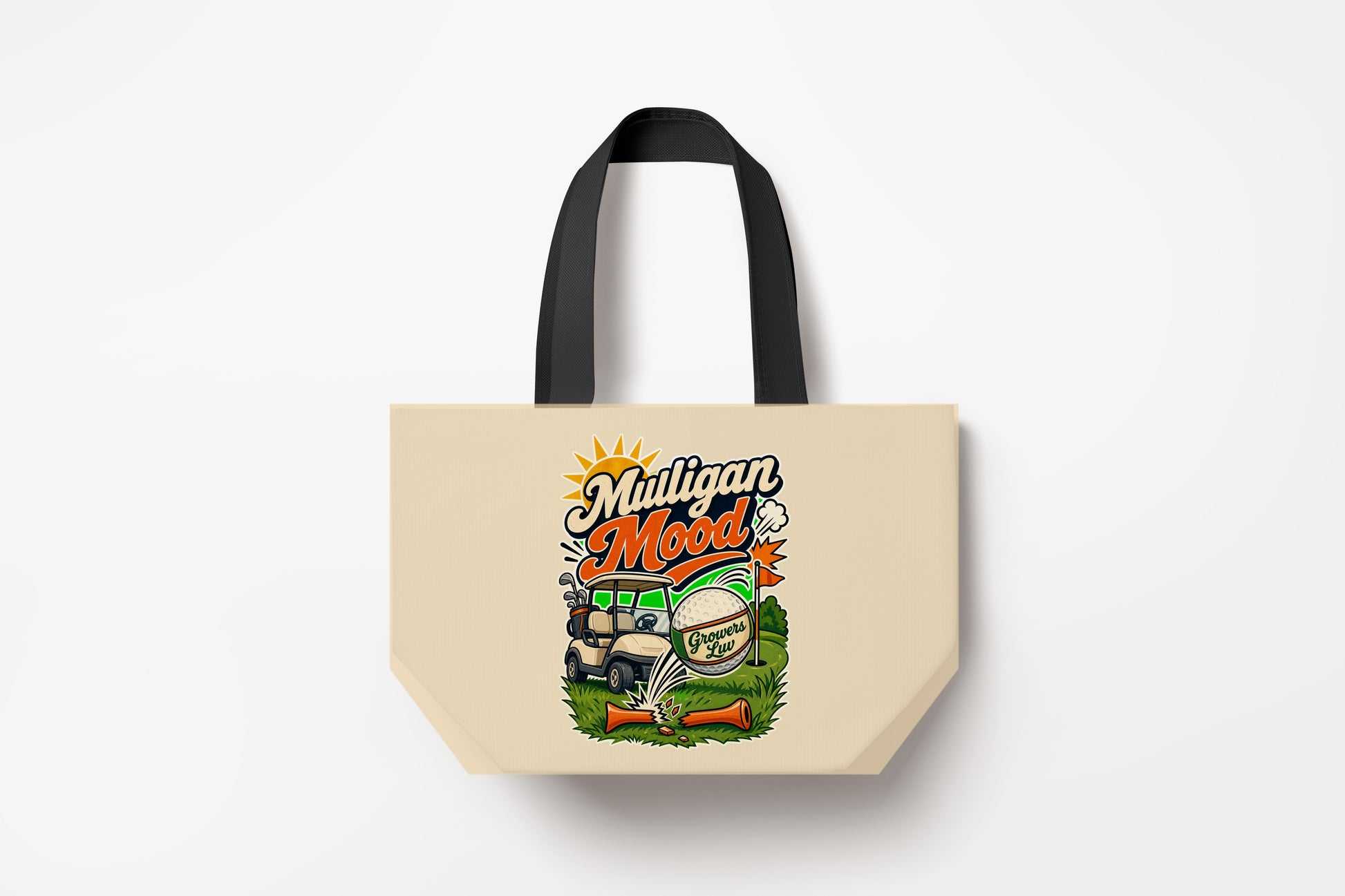 Mulligan Mood Large Natural Tote Bag product mockup on natural tote bag