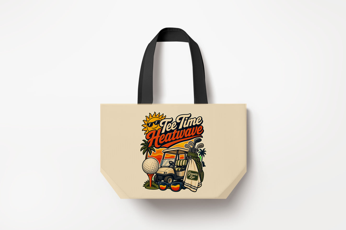 Tee Time Heatwave Large Natural Tote Bag product mockup on natural tote bag