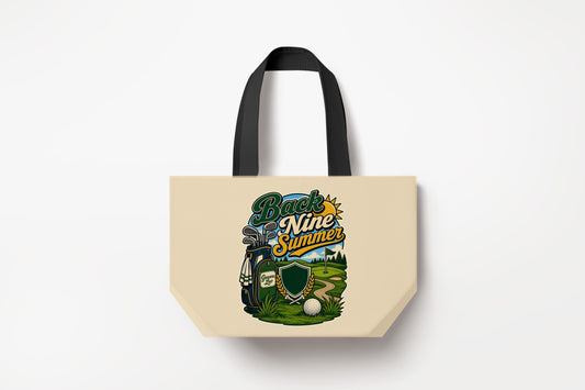 Back Nine Summer Large Natural Tote Bag product mockup on natural tote bag