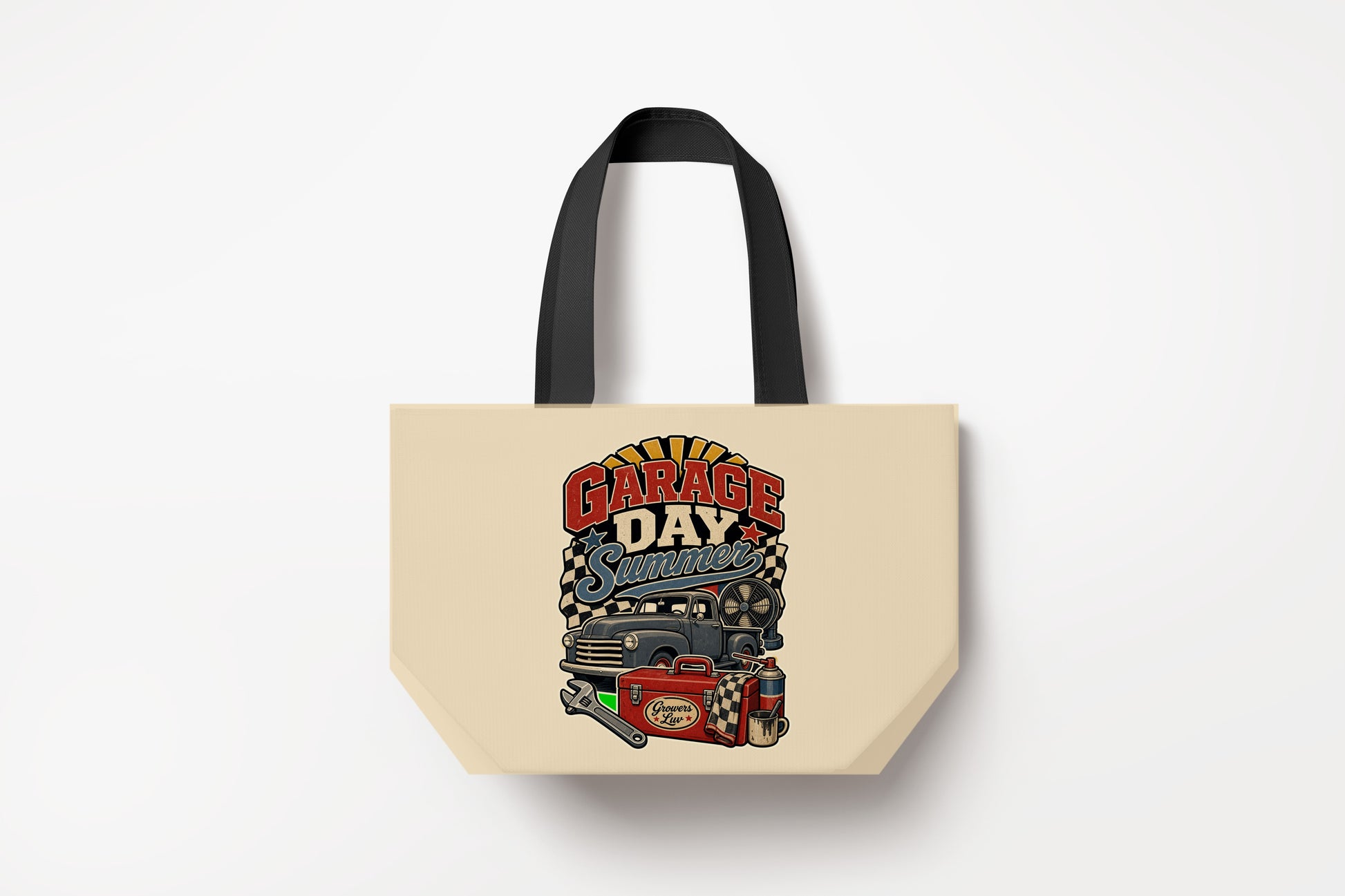 Garage Day Summer Large Natural Tote Bag product mockup on natural tote bag