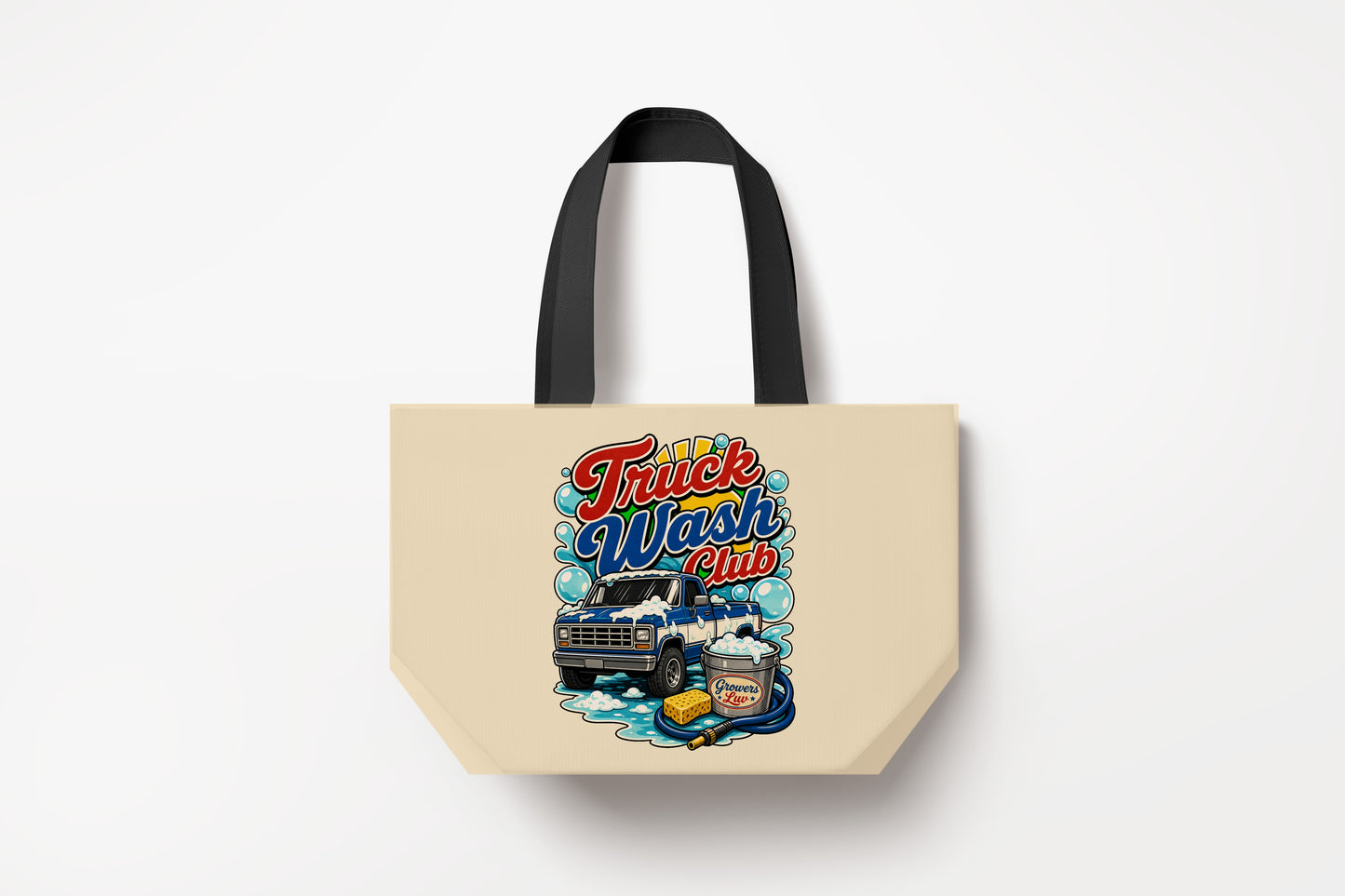 Truck Wash Club Large Natural Tote Bag product mockup on natural tote bag