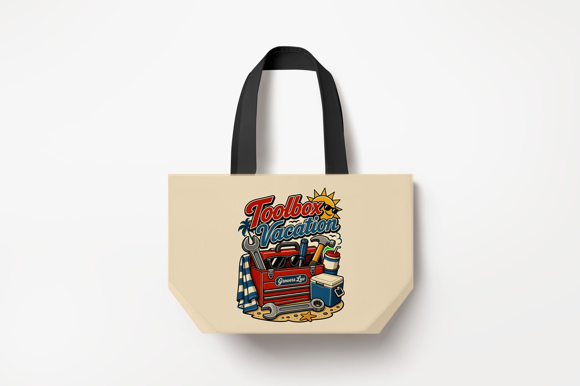 Toolbox Vacation Large Natural Tote Bag product mockup on natural tote bag