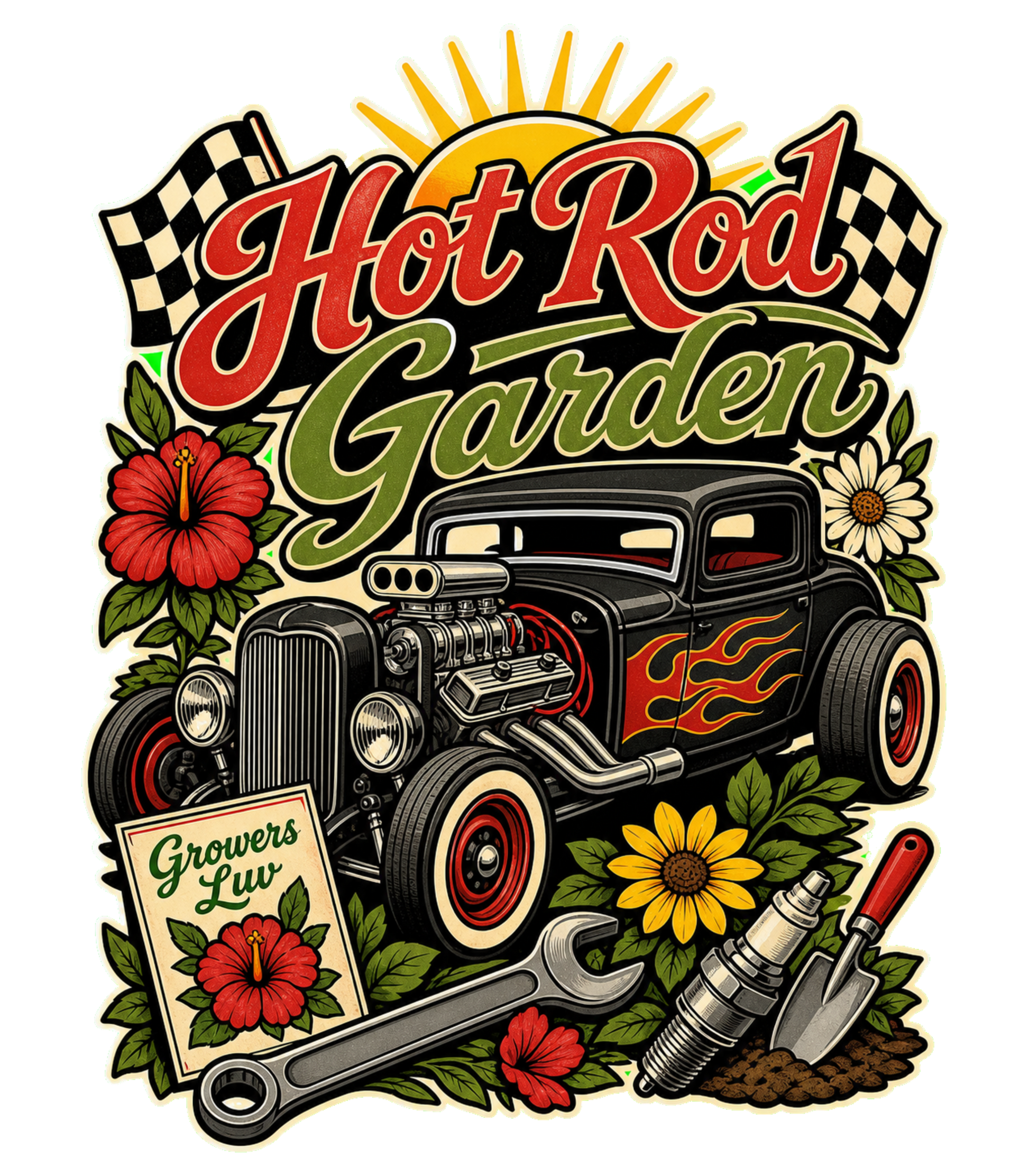 Hot Rod Garden Men's Gildan Graphic Tee artwork detail
