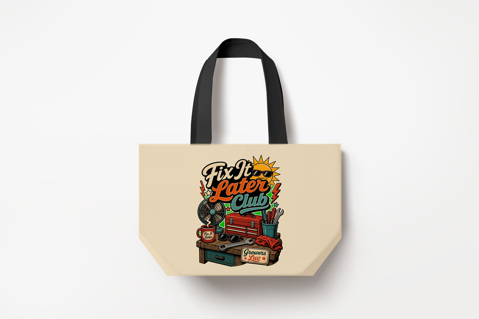 Fix It Later Club Large Natural Tote Bag product mockup on natural tote bag