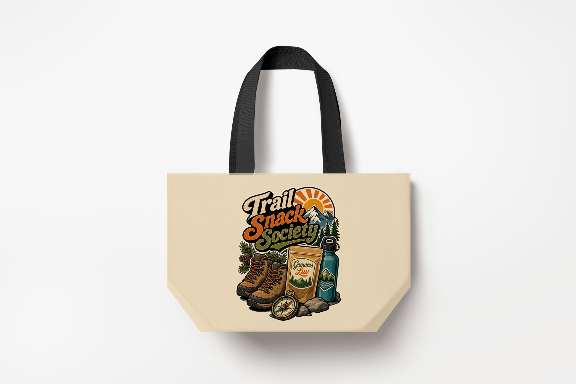 Trail Snack Society Large Natural Tote Bag product mockup on natural tote bag